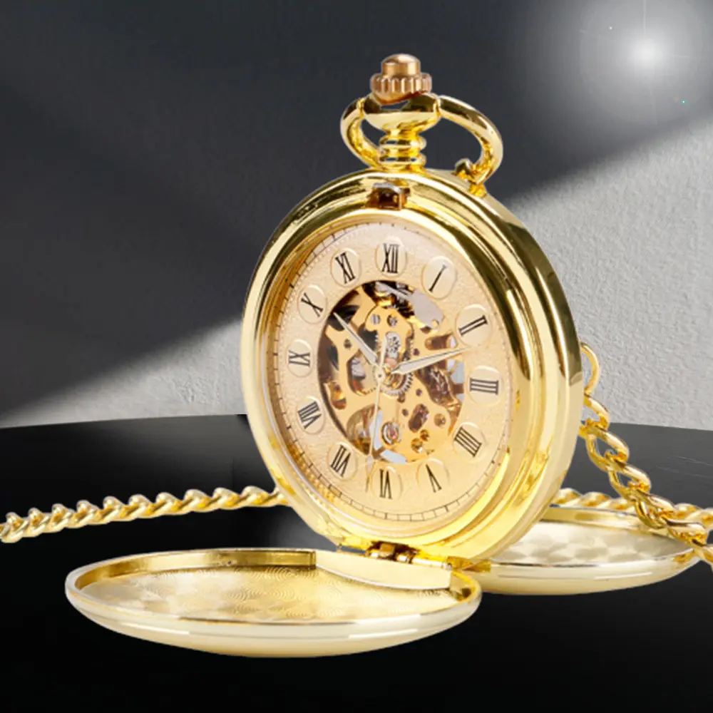 Creative זהב שעון כפול האנטר חלק מכאני כיס שעון לגבר