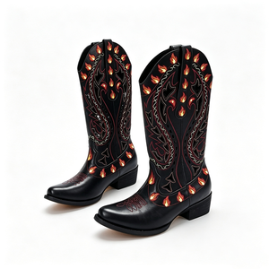 Bottines western vintage noires pour femmes, grandes tailles, en denim, à talons hauts. Bottes de chevalier personnalisées à découpe flamboyante. Uniquement pour les femmes. - Product Image 2