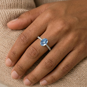 Anillo Ovalado de Aguamarina en Plata de Ley 925, Anillo de Compromiso con Aguamarina Natural, Banda Delicada con Diamantes, Regalo de Piedra de Nacimiento de Marzo para Ella - Product Image 5