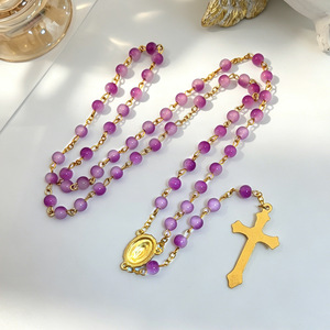Collier de prière en perles de cristal de verre de 6 mm avec crucifix et médaille miraculeuse pour bijoux religieux catholiques - Product Image 1