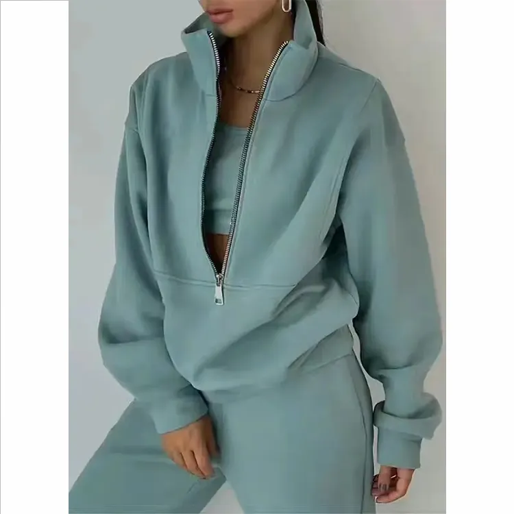 Roupa de treino feminina 2024, pulôver de duas peças com meia trava e conjunto de calças de corrida, roupa de malha para mulheres, sorteio de meia-fatura, mais vendido em 2024, com zipper