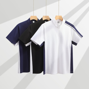 Camiseta de punto de manga corta para hombre, bicolor, con media cremallera y cuello simulado, 220g, algodón mercerizado, ajuste holgado, informal, transpirable, para fitness - Product Image 3