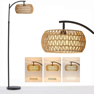 Rattan & Linen Modern <b>LED</b> Floor Lamp with E27 Base Adjustable Height Three-Color Dimmable Light for Bedroom and Office - Product Image 1