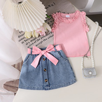 Conjunto de Ropa de Verano para Niña 4T, Chaleco de Algodón de Color Sólido con Encaje y Falda Vaquera, Nuevo Modelo de Comercio Exterior Transfronterizo