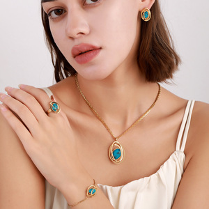 Mode Bleu <span class=keywords><strong>Turquoise</strong></span> Globe Pendentif Collier Boucles D'oreilles Ensemble Étanche En Acier Inoxydable PVD Plaqué Or Ensemble de Bijoux - Product Image 3
