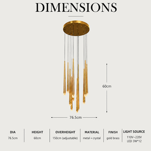 Contemporary Multi Rod <b>LED</b> Pendant Light Brass Finish Conical <b>Tube</b> Chandelier For Villa Entrance Interior Fixture - Product Image 3