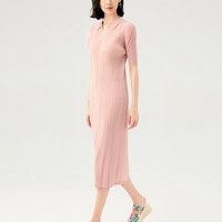 Robes d'été écologiques tissées lavables pour femmes, taille naturelle plissée, longueur genou, manches courtes, col rabattu, pour le bureau