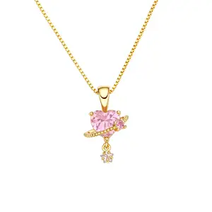 Shiny Crystal Zircon Pink Love Heart Clavicle Chain Necklace for Women Delicate Sweet Pendant Necklace