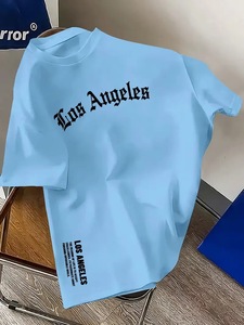 Camiseta de Verano para Hombre, de Algodón, Manga Corta, Cómoda, Informal, con Estampado de Letras de Los Ángeles, Suave, Sólida, Corte Holgado, de Calidad, con Contraste de Color - Product Image 4