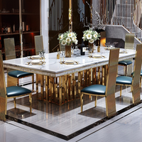 Ensemble de table et chaises de salle à manger extensible moderne de luxe durable avec plateau en marbre, structure en acier inoxydable, imperméable, écologique, assemblé