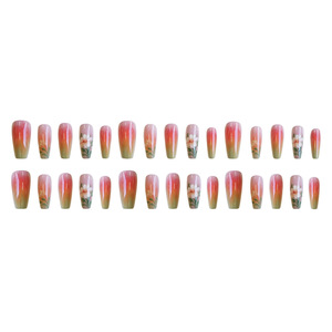 <span class=keywords><strong>Uñas</strong></span> postizas Sunset Watercolor, cuadradas cortas con degradado de naranja a verde y margarita pintada a mano, <span class=keywords><strong>uñas</strong></span> acrílicas artísticas. - Product Image 4