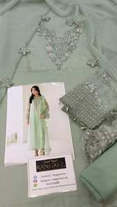 Traje Salwar de 3 Piezas en Verde Salvia Pastel, Bordado, Corte Recto, con Mangas de Chifón, Ropa Étnica - Product Image 6