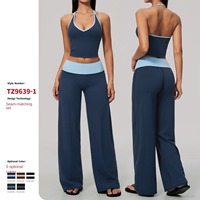 Nouvel ensemble de yoga en Spandex/Nylon brossé, design color-block à col licou, taille haute élastique, séchage rapide, longueur intégrale