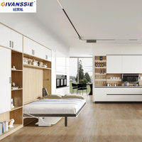 Lit mural Murphy intégré modulaire de luxe contemporain, gain de place, avec panneaux en mélamine et armoires de rangement indépendantes pour bureau, idéal pour les lofts