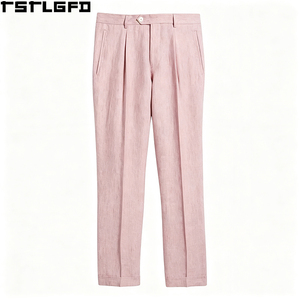 Pantalones de Traje de Lino Plisados Rosa Personalizados para Hombre, de Cintura Alta, con Doble Pliegue y Dobladillo Reforzado, Pantalones de Vestir Formales a Medida, Venta al por Mayor a Granel - Product Image 3