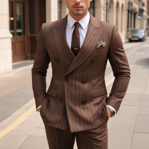 Traje de <span class=keywords><strong>Hombre</strong></span> de Dos Piezas con Blazer Cruzado de Solapa en Pico y Rayas Marrones, Largo Regular, Personalizado para Boda - Product Image 3