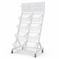 Étagère de présentation mobile robuste à 4 niveaux avec panneaux perforés et paniers métalliques, revêtement en poudre époxy, pour supermarchés, magasins de proximité et snacks