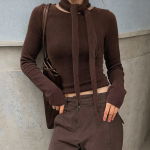 European street built in scarf <b>crewneck</b> slim flattering <b>sweater</b> fall winter vintage spicy versatile casual top for women - Product Image 5