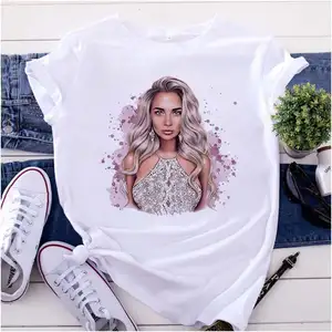 CustomPrinting T-shirt blanc bleu dessin animé col en V Long coton Pima 4 voies extensible T-shirt pour femme