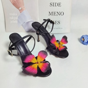 Women's Summer Outdoor Fashion Trend Open Toe Genuine Leather Butterfly Flower Buckle High <b>Heel</b> Roman Comfortable Pumps <b>Sandals</b> - Product Image 5