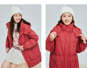 Nouvelle veste d'hiver <span class=keywords><strong>longue</strong></span> à <span class=keywords><strong>capuche</strong></span> rouge pour femme imperméable à sequins et plumes - Product Image 2