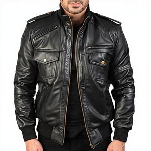 Chaqueta de Cuero Negra Estilo Bomber para Hombre, Marca Agent Shadow, Piel de Oveja Premium, Estilo Urbano, Casual, Ribete de Punto Acanalado, Corte Ajustado, 100g de Cuero Genuino - Product Image 1