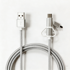 Cable de Carga <span class=keywords><strong>3</strong></span> en 1 de Alta Calidad de Shenzhen, 1m, Trenzado de Nailon Plateado, Tipo-<span class=keywords><strong>C</strong></span> + <span class=keywords><strong>Lightning</strong></span> + Micro <span class=keywords><strong>USB</strong></span> - Product Image 2