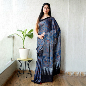 Sari en soie modale indienne pur, imprimé Ajrakh exclusif, teint naturel, imprimé à la main au bloc végétal, Bagru Block, pour Diwali, mariage, plage - Product Image 1