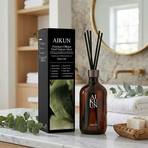 Aikun Premium OEM ODM 150ml Hotel Wood IP12 Matte Black Amber <b>Reed</b> <b>Diffuser</b> Gift Box Set For Hotel Bathroom Counter Spa Decor - Product Image 1