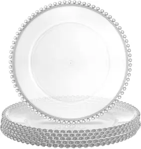 Hot Sale Clear Luxury Acrylic Wedding Event Charger Plates with Embossed Beaded Rim