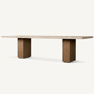 Mesa de comedor rectangular de madera de roble con cubierta de travertino y borde chisleado, mueble de piedra para proyectos hoteleros de alta gama - Product Image 2