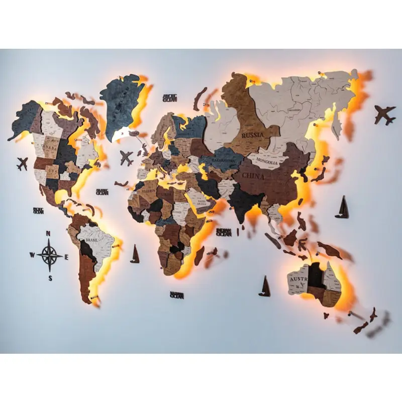 Carte du monde en bois 3D avec panneau lumineux Décoration murale de carte de voyage du monde Avec lumières colorées avec télécommande et mur acrylique nai