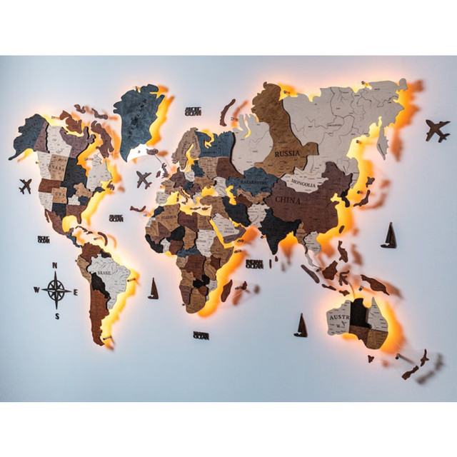 3D Wood World Map With Light Backboard World Travel Map Wall Decor With Colorful Lights with Remote Control and Acrylic Wall Nai