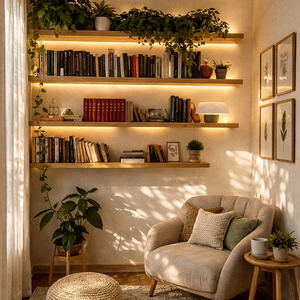 Black <strong>Walnut</strong> Wood <strong>Floating</strong> <strong>Shelves</strong> with Indirect Ambient Mood Lighting for Living Room Sofa Wall Art Collectibles Display - Product Image 4