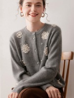 Cardigan en cachemire 100% pour femme, broderie florale perlée personnalisée, veste en tricot boutonnée, exportateur B2B