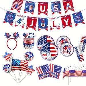 Ensemble de fournitures de fête jetables sur le thème de la Journée de l'Indépendance, style moderne, vaisselle pour le 4 juillet, comprenant assiettes en papier, gobelets, serviettes - Product Image 3