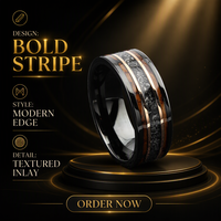 Bague de mariage en carbure de tungstène de 8 mm pour homme, noire, plate, avec incrustation de bois de fût de whisky et de météorite, sertie en or rose, bijoux tendance