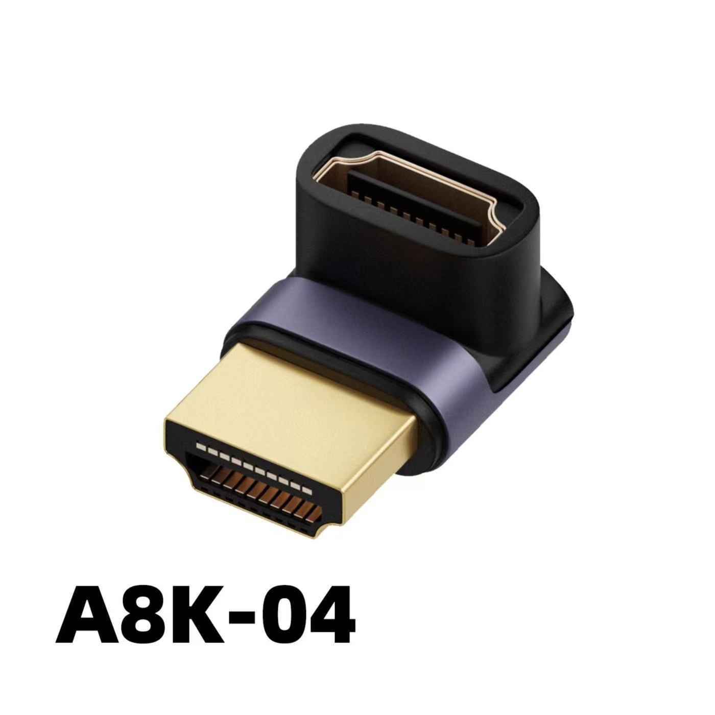 HDMI macho a hembra, conector acodado hacia arriba, color púrpura.