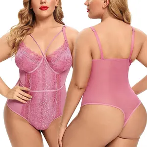 Sexy Strappy Arnés Top Pestañas Encaje Body Naughty Bottom Dusty Pink Mujeres Tallas grandes Malla Teddy Outfit Lencería