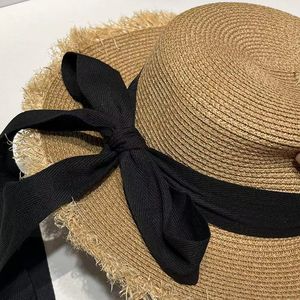 Xi Boyu Sombrero de paja deshilachado de copa plana con lazo y ala ancha, sombrero de protección solar para playa de verano para mujer, color sólido - Product Image 4
