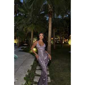 Robe de soirée formelle JOLIE en satin violet, coupe chic trapèze, manches courtes, décorations de sequins, taille empire, longueur ras du sol, taille XS - Product Image 1