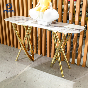 Tavolo Console Moderno in Ferro Dorato con Supporto Curvo, Lussuoso Tavolo Consul in Marmo Travertino Grigio Scuro con Finitura Laser - Product Image 2