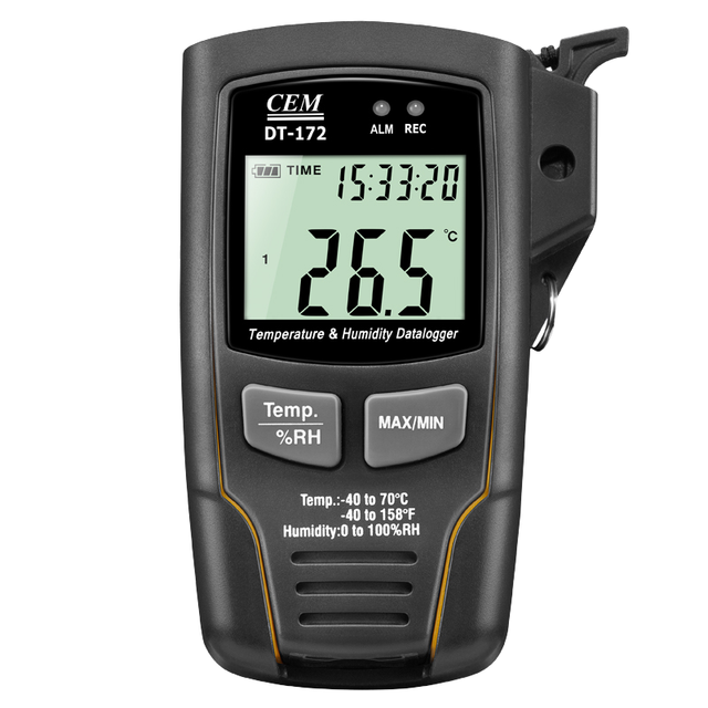 CEM DT-172 Plastic Data Logger for Temperature Humidity Recording 32000 Data Storage Sound Light Alarm for Warehouse OEM