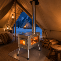 Poêle de camping portable en acier inoxydable avec grande fenêtre latérale en verre, supports latéraux pliables, poêle à bois