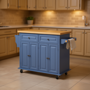 Chariot d'îlot de cuisine avec plateau en bois et 2 tiroirs, couleur bleue, pour le rangement et l'organisation de la cuisine - Product Image 2