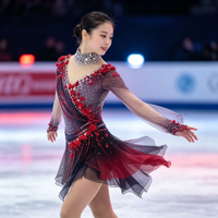 Robe de patinage artistique à manches longues, dégradé noir et rouge, maille ornée de fleurs 3D et de strass, pour enfants et adultes, pour les compétitions sur glace