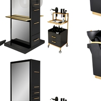 Ensemble de mobilier de salon d'hôtel pliable et inclinable noir et or avec logo personnalisé, miroir de rangement, chaise de coiffeuse et chaises de barbier en PU