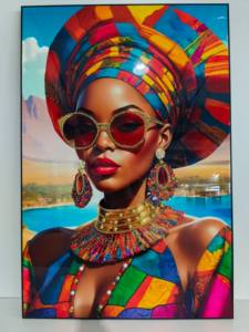 Vivace ritratto di moda africana su tela - Stampa tribale colorata con occhiali da sole dorati, decorazione da parete per soggiorno - Product Image 4