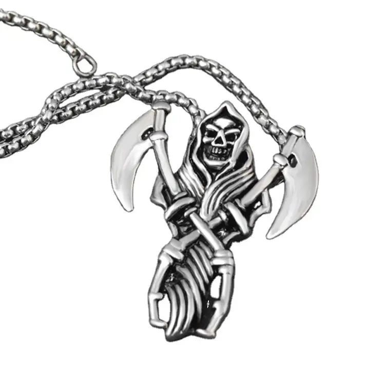 Punk Jewelry Fashion Vintage Skull Pendant High Quality 316L Stainless Steel Grim Reaper Sickle Pendant Necklace