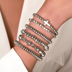 Cross Beaded Stackable <b>Bracelet</b> Set Gold Silver Elastic <b>Rope</b> Jewelry For Women Gift Geometric Design Zinc Alloy Fashion - Product Image 2